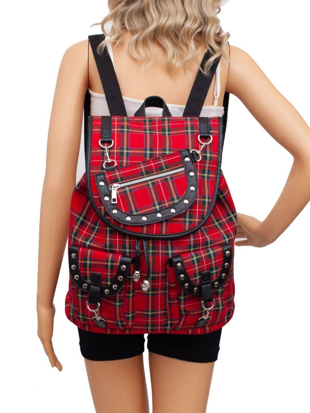 Banned Alternative Red Tartan Backpack Studded Skull Punk Goth Plaid Bag